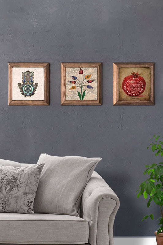 Solid (Wooden) Framed Set of 3 Stone Painting Panel 11" x 11" Fatma Ana Ebruli Pomegranate Prayer