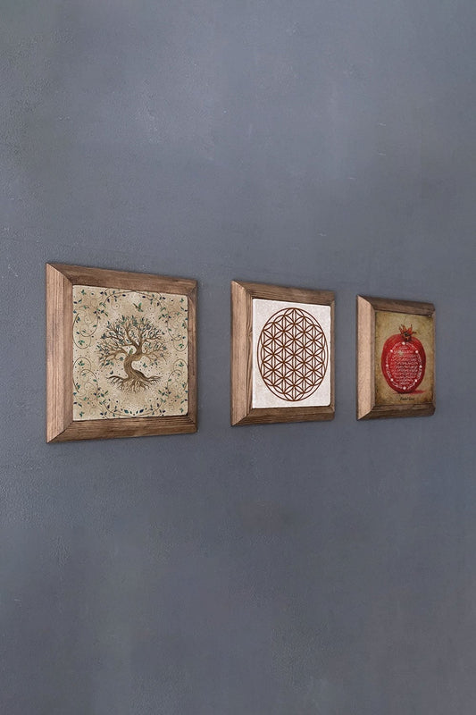 Solid (Wooden) Framed Set of 3 Stone Painting Panel 11" x 11" Pomegranate Prayer Tree of Life