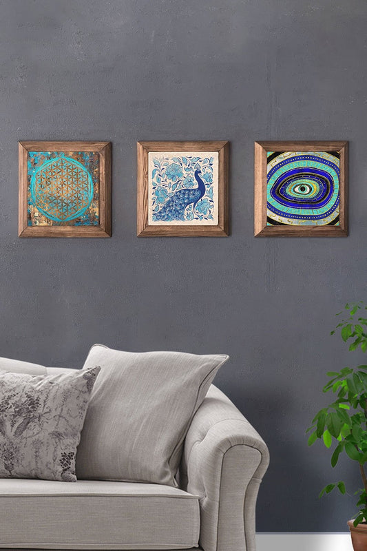 Solid (Wooden) Framed Set of 3 Stone Painting Panel 11" x 11" Peacock Evil Eye