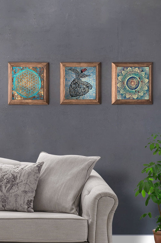 Solid (Wooden) Framed Set of 3 Stone Painting Panel 11" x 11" Flower of Life Whirling Dervish