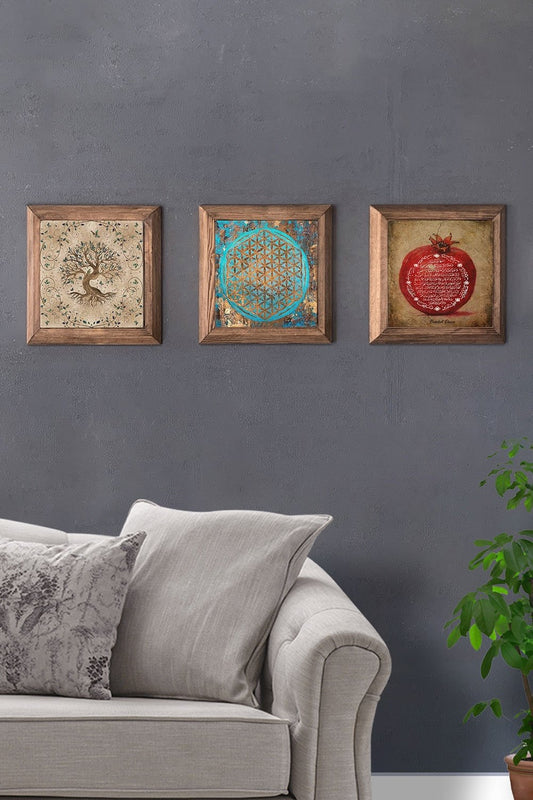 Solid (Wooden) Framed Set of 3 Stone Painting Panel 11" x 11" Tree of Life Flower of Life