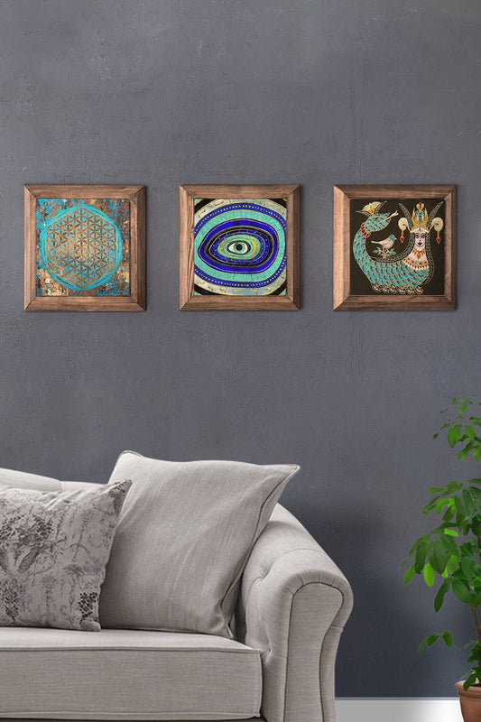 Solid (Wooden) Framed Set of 3 Stone Painting Panel 11" x 11" Şahmeran Evil Eye