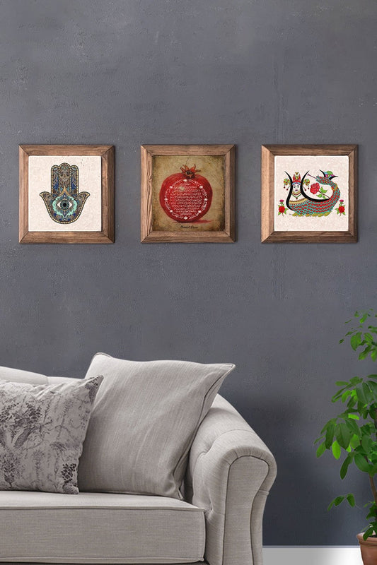 Solid (Wooden) Framed Set of 3 Stone Painting Panel 11" x 11" Pomegranate Prayer Fatma Ana Şahmeran