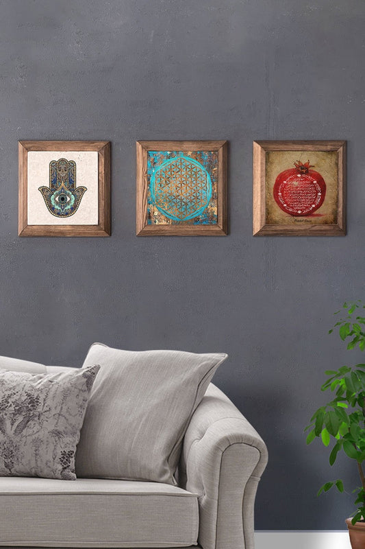 Solid (Wooden) Framed Set of 3 Stone Painting Panel 11" x 11" Fatma Mother Flower of Life