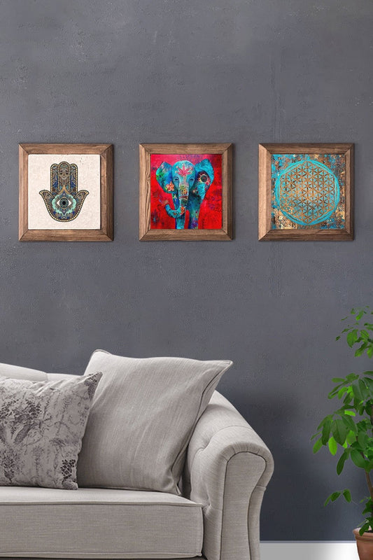 Solid (Wooden) Framed Set of 3 Stone Painting Panel 11" x 11" Fatma Mother Flower of Life