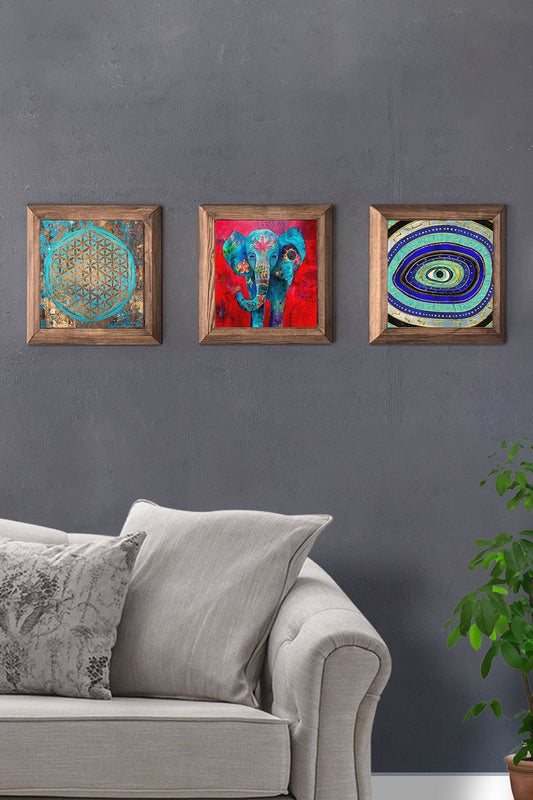 Solid (Wooden) Framed Set of 3 Stone Painting Panel 11" x 11" Flower of Life Elephant Evil Eye