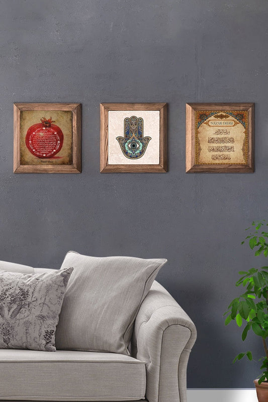 Solid (Wooden) Framed Set of 3 Stone Painting Panel 11" x 11" Pomegranate Evil Eye Prayer Fatma Ana