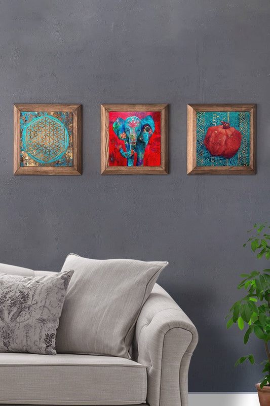 Solid (Wooden) Framed Set of 3 Stone Painting Panel 11" x 11" Flower of Life Elephant Pomegranate