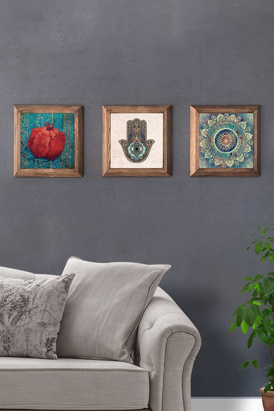 Solid (Wooden) Framed Set of 3 Stone Painting Panel 11" x 11" Fatma Ana Eli Pomegranate