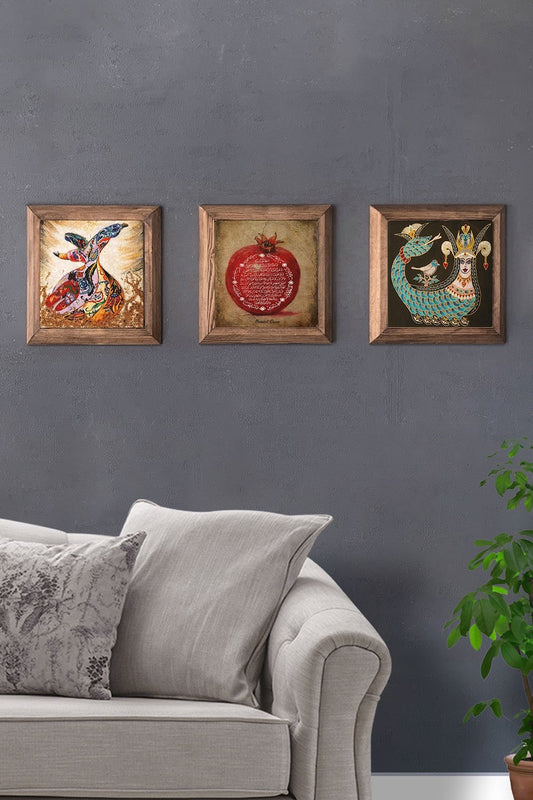 Solid (Wooden) Framed Set of 3 Stone Painting Panel 11" x 11" Whirling Dervish Pomegranate Prayer Sahmeran