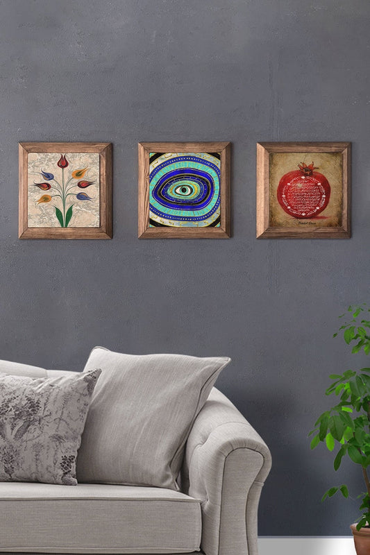 Solid (Wooden) Framed Set of 3 Stone Painting Panel 11" x 11" Marbled Evil Eye Pomegranate Prayer