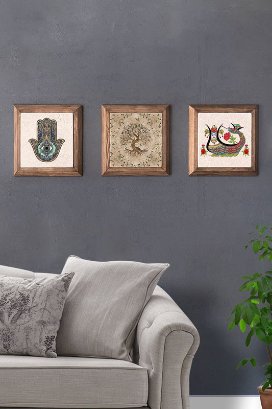 Solid (Wooden) Framed Set of 3 Stone Painting Panel 11" x 11" Fatma Mother Tree of Life
