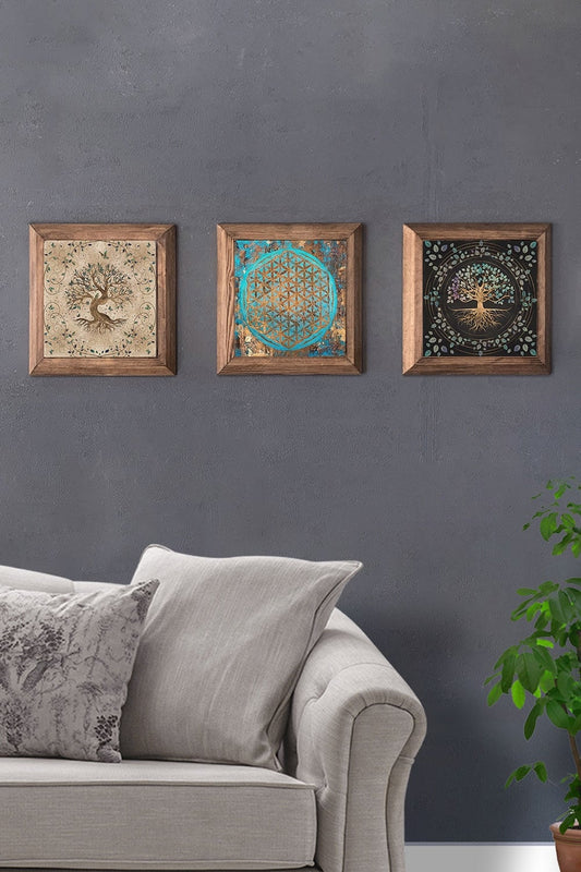 Solid (Wooden) Framed Set of 3 Stone Painting Panel 11" x 11" Tree of Life Flower of Life
