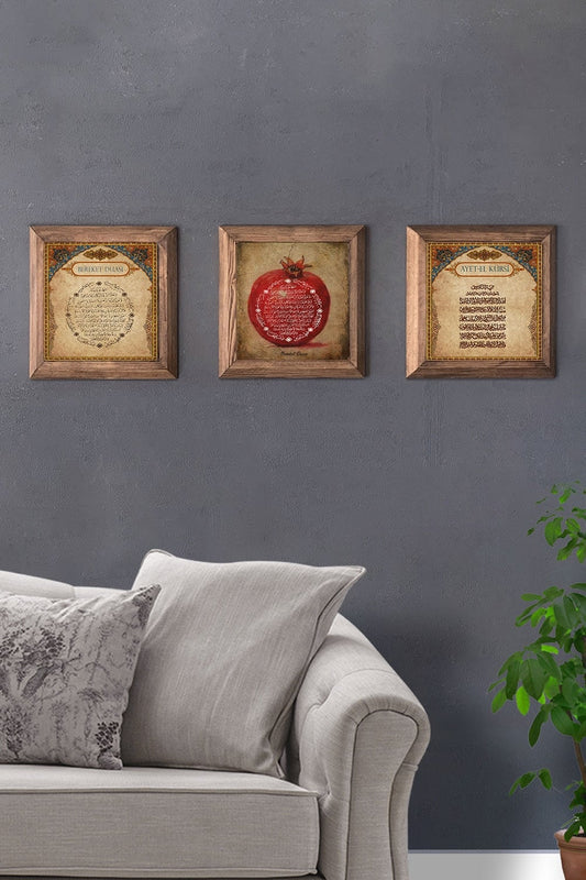 Solid (Wooden) Framed Set of 3 Stone Painting Panel 11" x 11" Blessings Ayetel Pomegranate Prayer