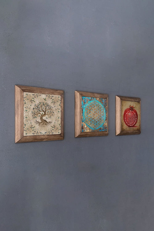 Solid (Wooden) Framed Set of 3 Stone Painting Panel 11" x 11" Tree of Life Flower of Life