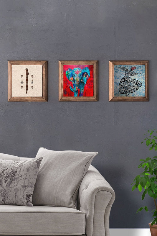 Solid (Wooden) Framed Set of 3 Stone Painting Panel 11" x 11" Elif Elephant Whirling Dervishes