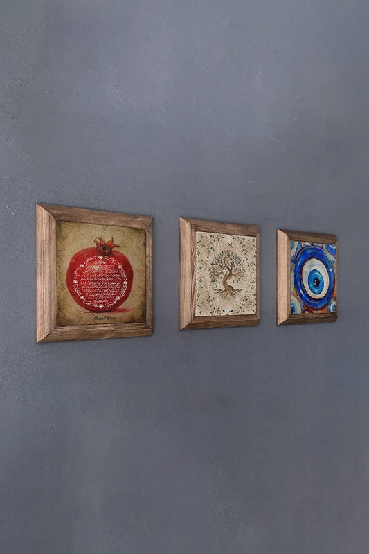 Solid (Wooden) Framed Set of 3 Stone Painting Panel 11" x 11" Pomegranate Prayer Tree of Life