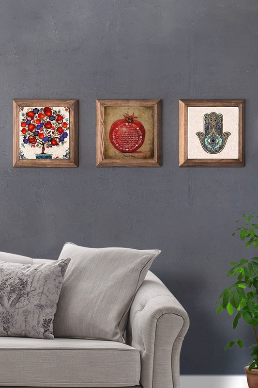 Solid (Wooden) Framed Set of 3 Stone Painting Panel 11" x 11" Pomegranate Tree Fatma Ana Pomegranate