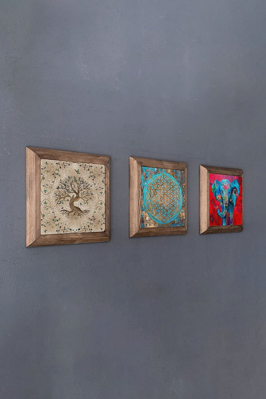 Solid (Wooden) Framed Set of 3 Stone Painting Panel 11" x 11" Tree of Life Flower of Life
