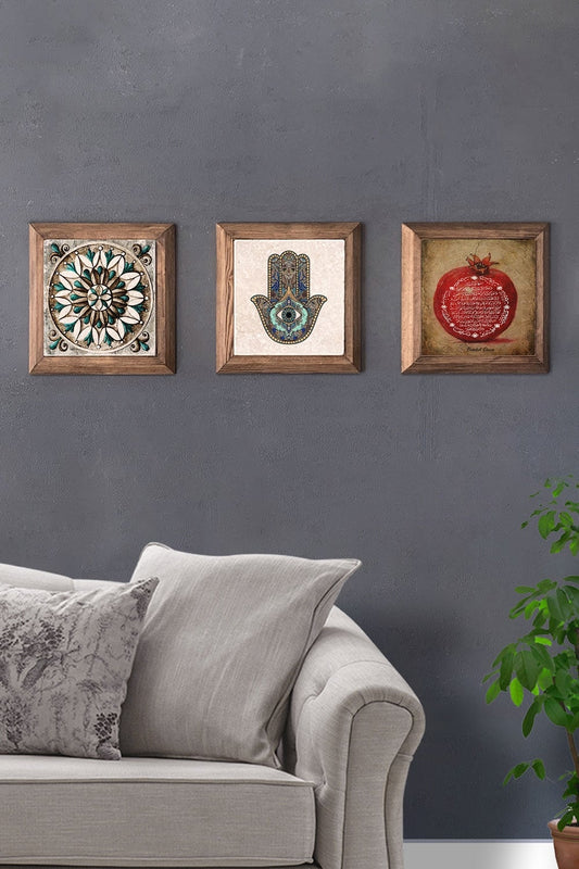 Solid (Wooden) Framed Set of 3 Stone Painting Panel 11" x 11" Pattern Fatma Mother Pomegranate Prayer