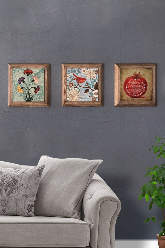 Solid (Wooden) Framed Set of 3 Stone Painting Panel 11" x 11" Marbled Bird Pomegranate Prayer