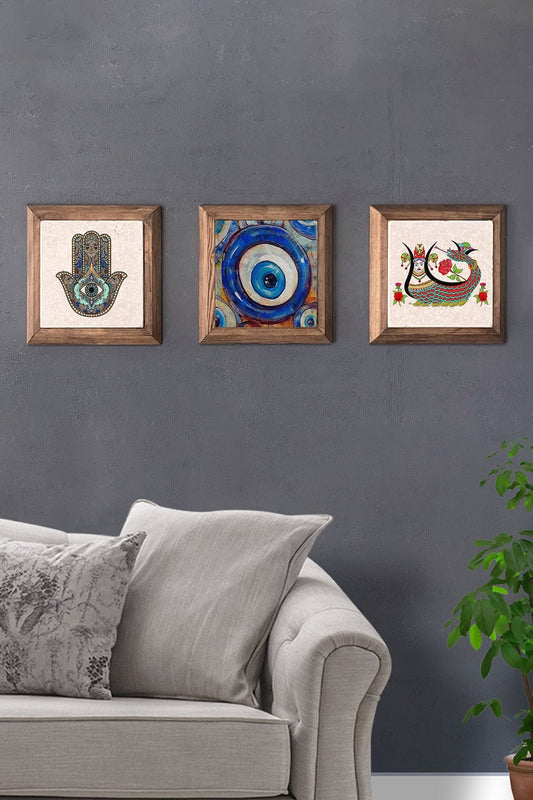 Solid (Wooden) Framed Set of 3 Stone Painting Panel 11" x 11" Shahmeran Evil Eye Bead