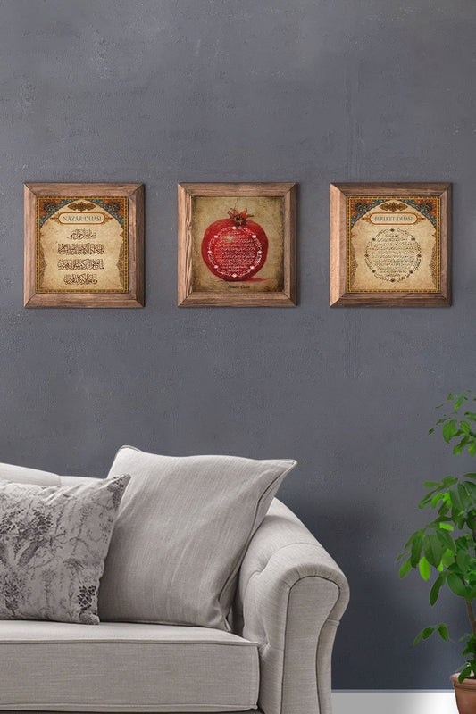 Solid (Wooden) Framed Set of 3 Stone Painting Panel 11" x 11" Evil Eye Blessings Prayer Pomegranate Prayer