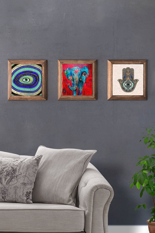 Solid (Wooden) Framed Set of 3 Stone Painting Panel 11" x 11" Evil Eye Fatma Ana Elephant