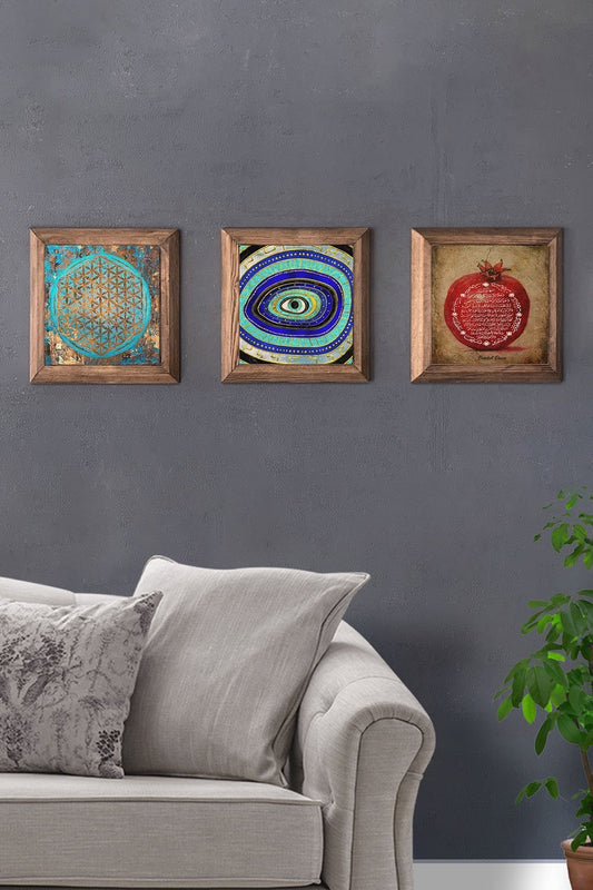 Solid (Wooden) Framed Set of 3 Stone Painting Panel 11" x 11" Flower of Life Pomegranate Evil Eye