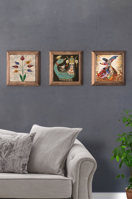 Solid (Wooden) Framed Set of 3 Stone Painting Panel 11" x 11" Ebruli Şahmeran Whirling Dervish