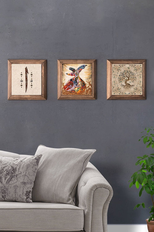 Solid (Wooden) Framed Set of 3 Stone Painting Panel 11" x 11" Elif Whirling Dervish Tree of Life
