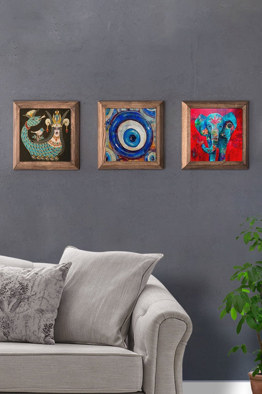 Solid (Wooden) Framed Set of 3 Stone Painting Panel 11" x 11" Shahmeran Evil Eye Bead Elephant