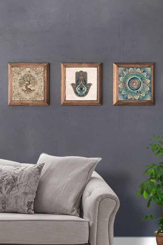 Solid (Wooden) Framed Set of 3 Stone Painting Panel 11" x 11" Tree of Life Fatma Ana Hand