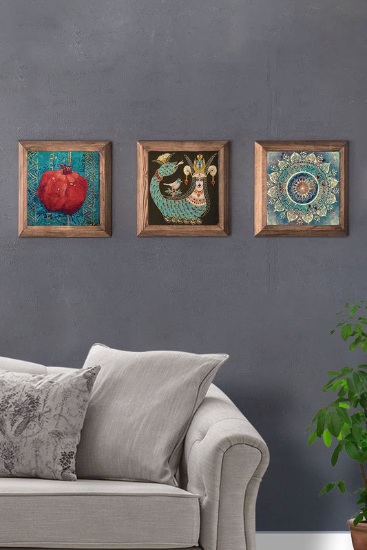 Solid (Wooden) Framed Set of 3 Stone Painting Panel 11" x 11" Shahmeran Pomegranate