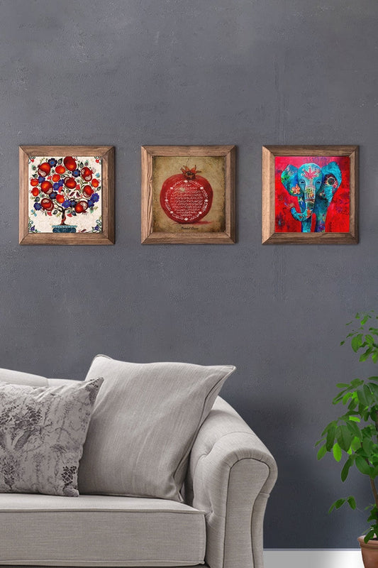 Solid (Wooden) Framed Set of 3 Stone Painting Panel 11" x 11" Whirling Dervish Pomegranate Prayer Evil Eye