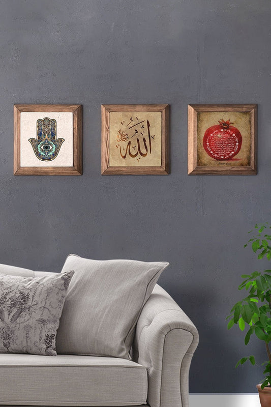 Solid (Wooden) Framed Set of 3 Stone Painting Panel 11" x 11" Fatma Ana Allah Pomegranate Prayer