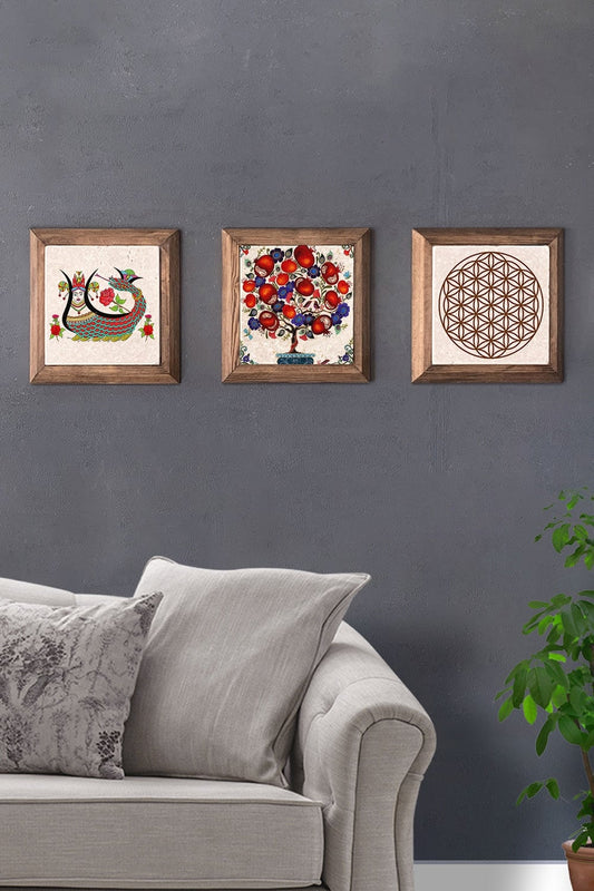 Solid (Wooden) Framed Set of 3 Stone Painting Panel 11" x 11" Pomegranate Tree Shahmaran