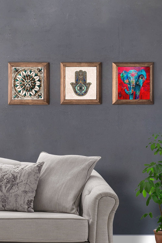 Solid (Wooden) Framed Set of 3 Stone Painting Panel 11" x 11" Fatma the Elephant Main Pattern