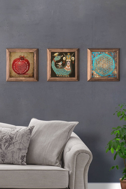 Solid (Wooden) Framed Set of 3 Stone Painting Panel 11" x 11" Pomegranate Shahmaran Flower of Life