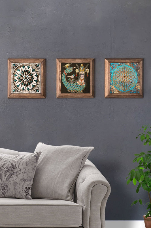 Solid (Wooden) Framed Set of 3 Stone Painting Panel 11" x 11" Shahmaran Flower of Life