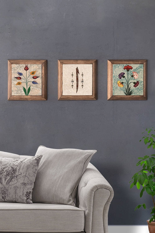 Solid (Wooden) Framed Set of 3 Stone Painting Panel 11" x 11" Marbled Set and Elif