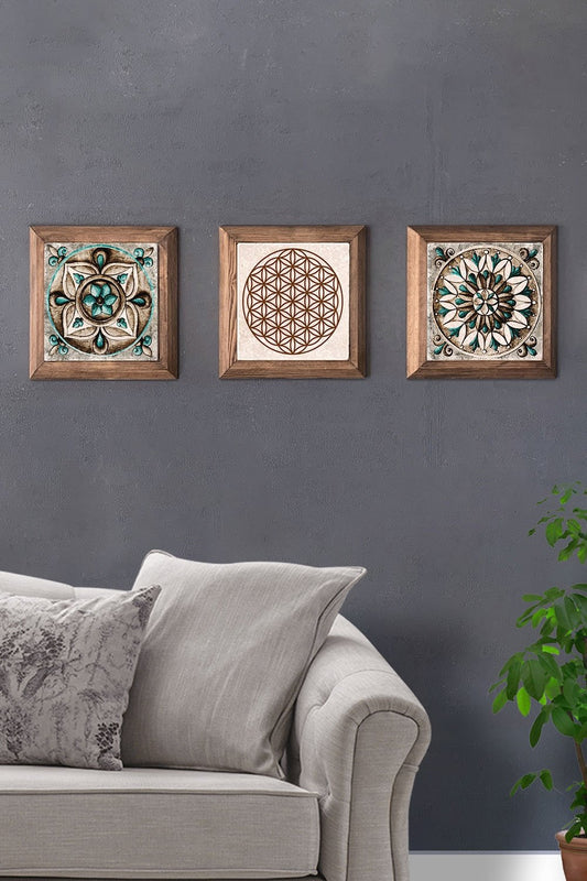 Solid (Wooden) Framed Set of 3 Stone Painting Panel 11" x 11" Pattern Set Flower of Life
