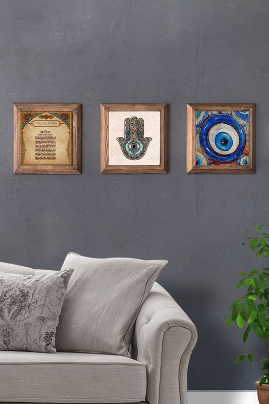 Solid (Wooden) Framed Set of 3 Stone Painting Panel 11" x 11" Ayetel Fatma Ana Nazar