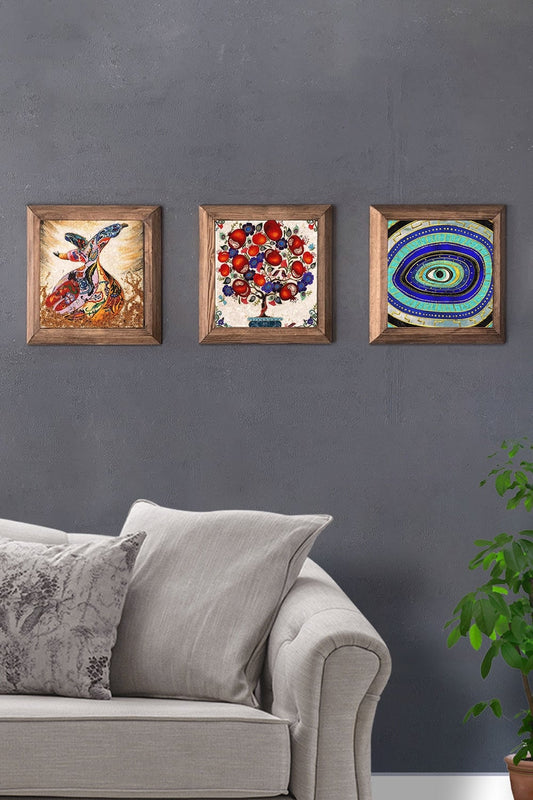 Solid (Wooden) Framed Set of 3 Stone Painting Panel 11" x 11" Whirling Dervish Evil Eye Pomegranate