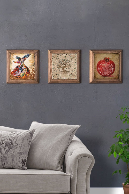 Solid (Wooden) Framed Set of 3 Stone Painting Panel 11" x 11" Pomegranate Tree of Life Whirling Dervish