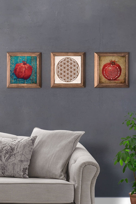 Solid (Wooden) Framed Set of 3 Stone Painting Panel 11" x 11" Pomegranate Flower of Life Pomegranate Prayer