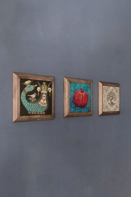 Solid (Wooden) Framed Set of 3 Stone Painting Panel 11" x 11" Shahmeran Pomegranate Tree of Life