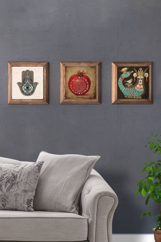 Solid (Wooden) Framed Set of 3 Stone Painting Panel 11" x 11" Fatma Ana Eli Şahmeran