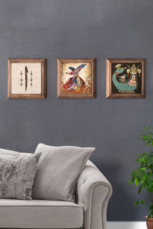 Solid (Wooden) Framed Set of 3 Stone Painting Panel 11" x 11" Elif Semazen Şahmeran