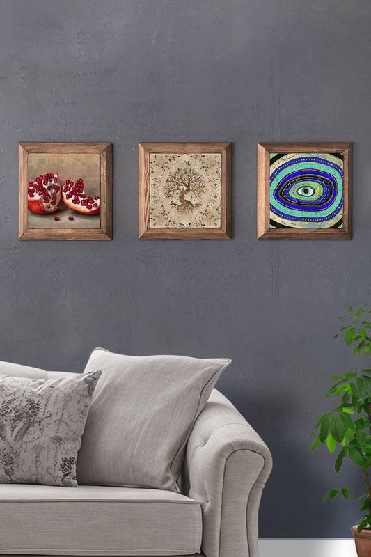 Solid (Wooden) Framed Set of 3 Stone Painting Panel 11" x 11" Pomegranate Tree of Life Evil Eye